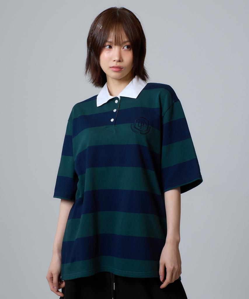 UNKNOWN PLANET Striped Rugby Collared Short Sleeve Shirt Green