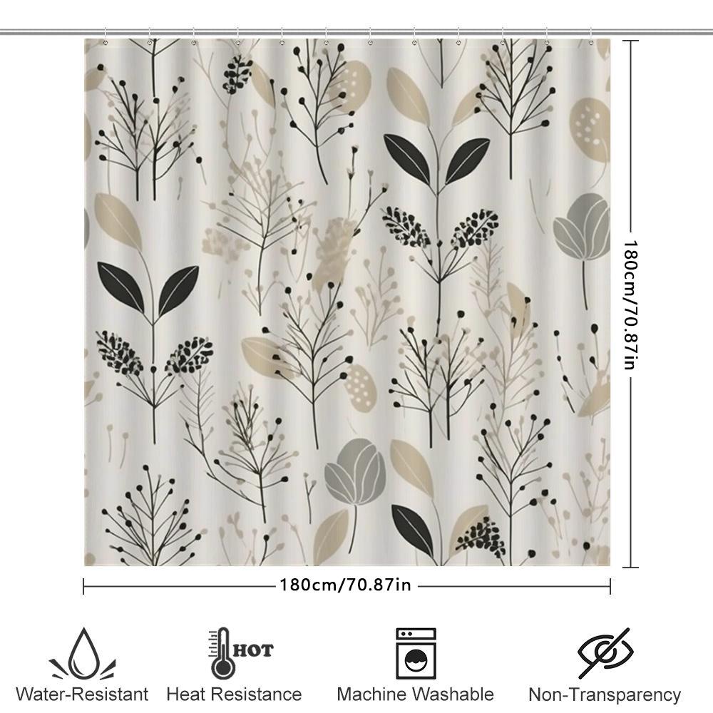 Modern Bathroom Shower Curtain Set Elegant Plant Pattern Decorative Shower Curtains for Home Bathrooms – White Black Beige Color