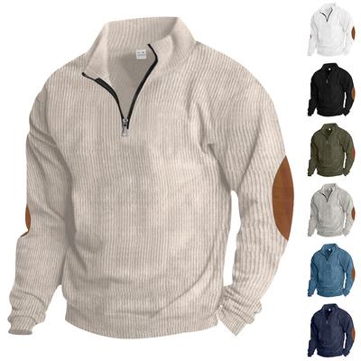 Nouveau Sweat-shirt Homme Uni en Velours Côtelé Décontracté à Col Montant et Manches Longues avec Demi-Zip