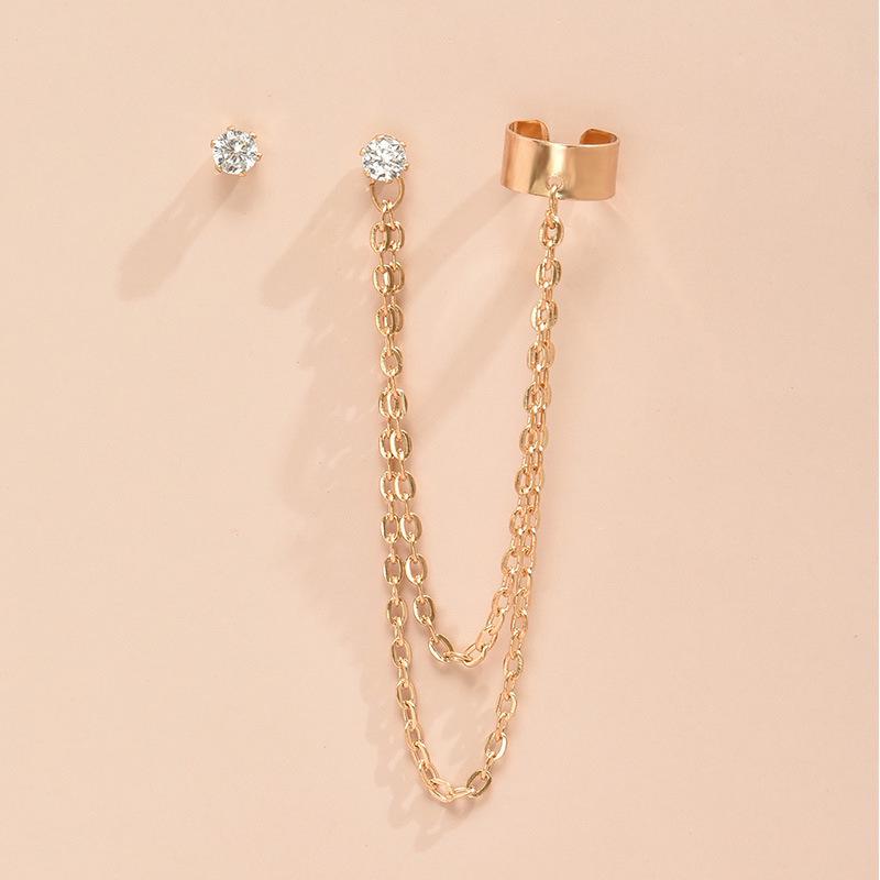 Clip d'oreille et clou d'oreille tendance à chaîne longue et pompon