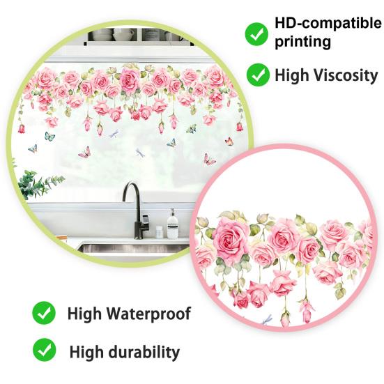 Rose Design Window Sticker, Electrostatic Adhesion No Glue Residue Waterproof Glass Decal for Living Room Bedroom Entrance Hall Home Decor