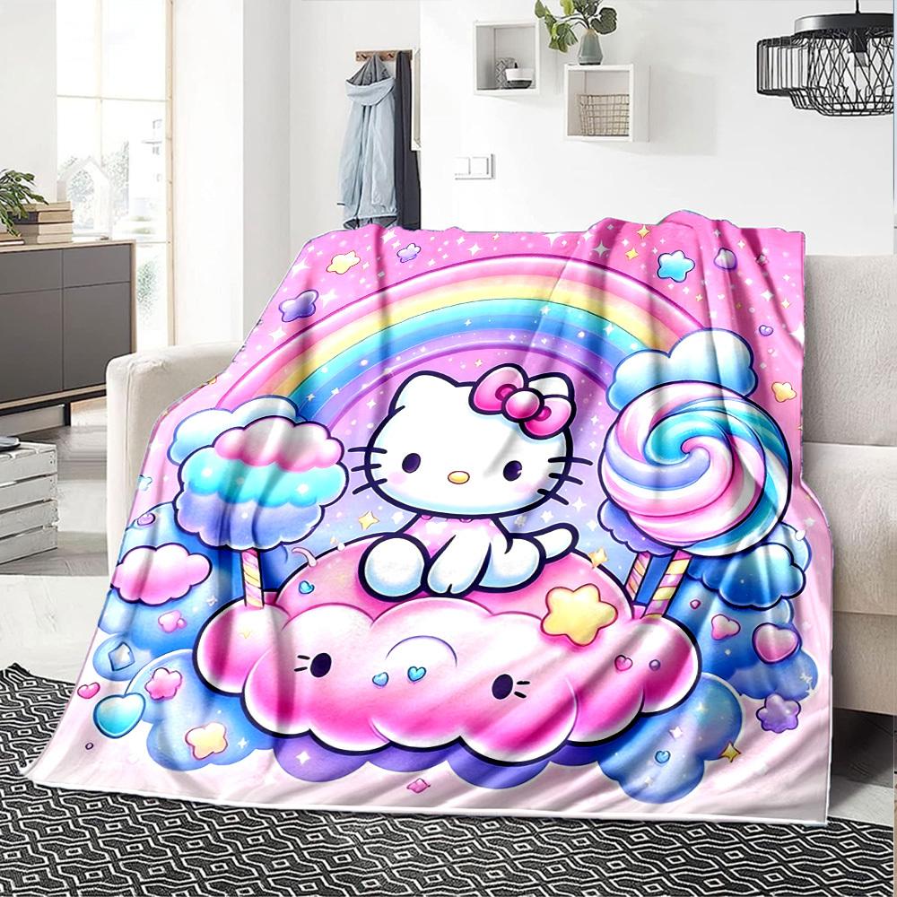 1pc Hello Kitty, Rainbow blanket Lightweight Flannel Throw for Sofa Bed Travel Camping Livingroom Office Couch Chair