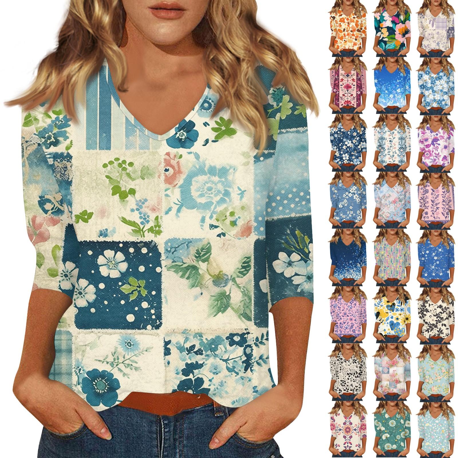 

Women s Casual And Fashionable V-Neck Floral Print Seven Quarter Sleeved Top Top XL небо синє кольору