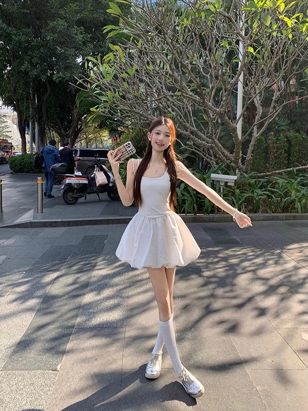 Women's White Ballet Spaghetti Strap Dress with Slimming Waist and Bud Short Skirt - Summer 2026 Collection.