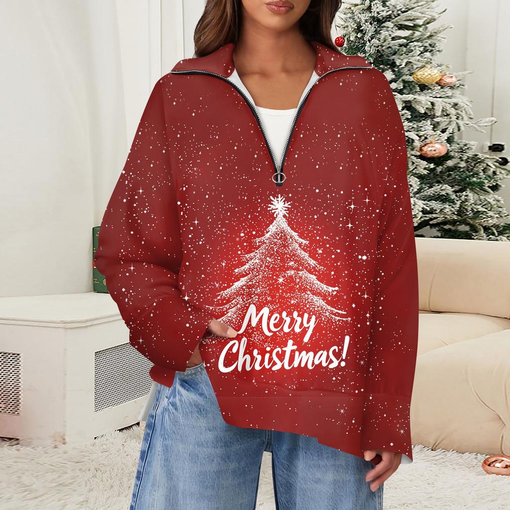 Women's Casual Half Zipper Lapel Snowflake Print Pullover Top Side Slit Fashion Clothing