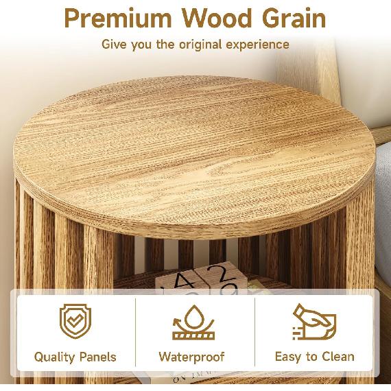 Round End Table, Wood Bedside Table, Mid Century Modern Nightstand with Open Storage Shelf, 3 Tier Small Side Tables for Living Room, Bedroom, Curved