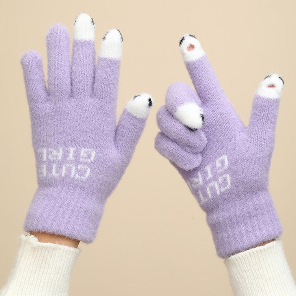 Knitted Touchable Screen Gloves Winter Full Finger Mittens Stretchy Warm Three Finger Exposed Gloves for Girls Teens