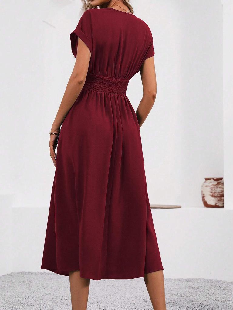 Women's Elegant Summer V-Neck Batwing Sleeve Dress with Pleated Waist