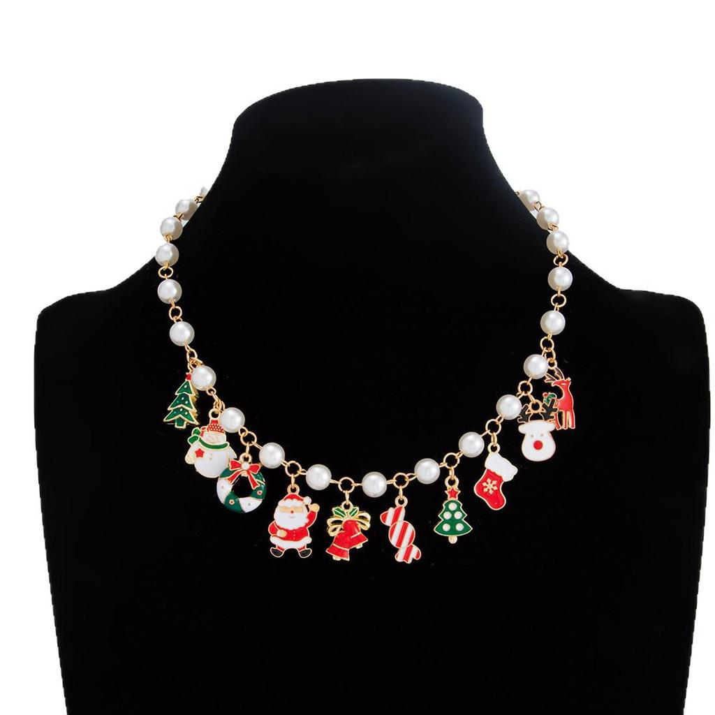 Colorful European & American Christmas Pendant Bracelet & Pearl Necklace with Santa, Reindeer, Snowman, Love, Heart, Multi-Accessory Design