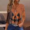 Women's Fashion Button-Up V-Neck Three-Quarter Sleeve Halloween Print Top