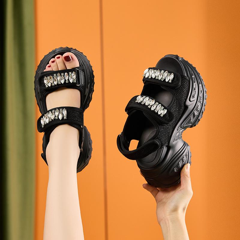 Fashion 8cm Air Mesh Microfiber Leather Platform Wedge Flats Summer Embed Crystal Peep Toe Fashion Women Sandal Slippers Pumps Shoes