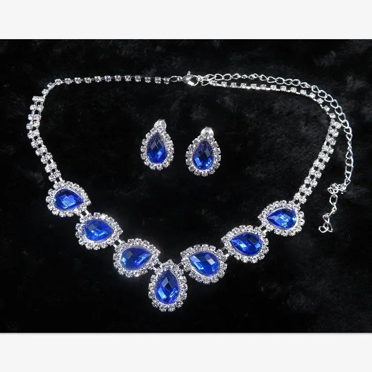 Blue Water Drop Rhinestones Necklace For Women  Inlaid Zircon Pendant Fashion Jewelry Accessory
