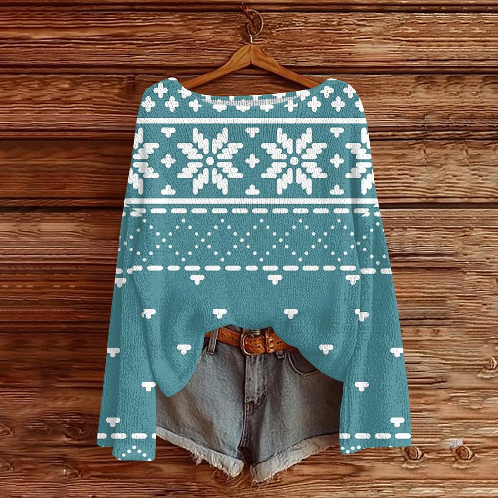 Women's Fashionable Oversized Knitwear Long-Sleeved Christmas Print Top