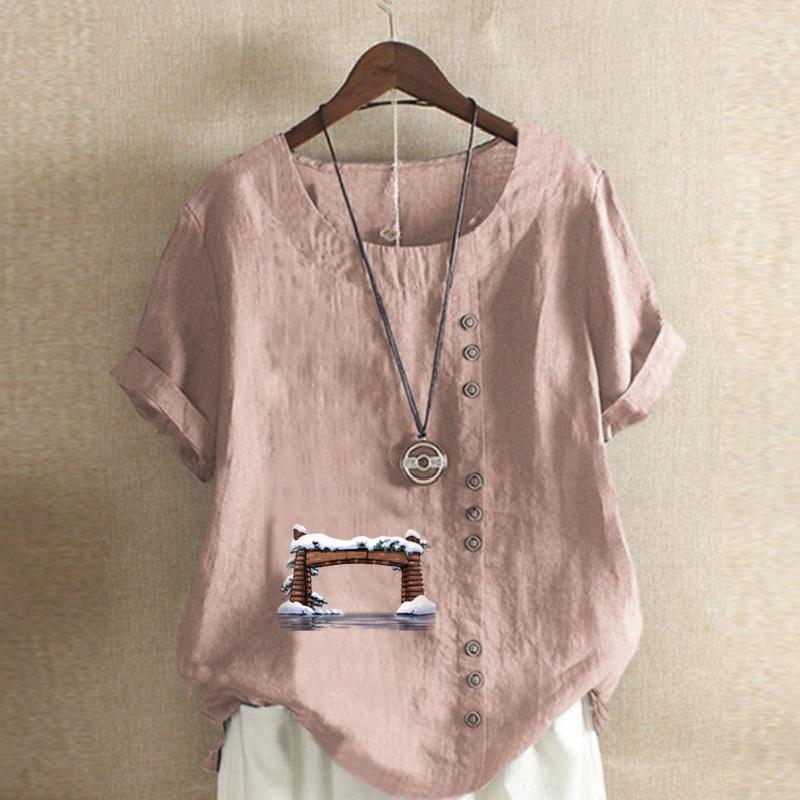 Women's Fashion Round Neck Short Sleeve T-shirt Casual Cotton Linen Graphic Shirt Leisure Loose Door Prined Summer Blouse Tops