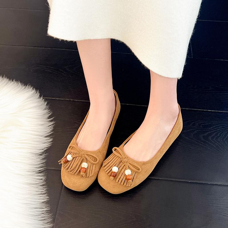 Suede Round-toe Shallow-mouth Tassel Slip-on Soft-sole Anti-slip Wear-resistant Low-heel Single