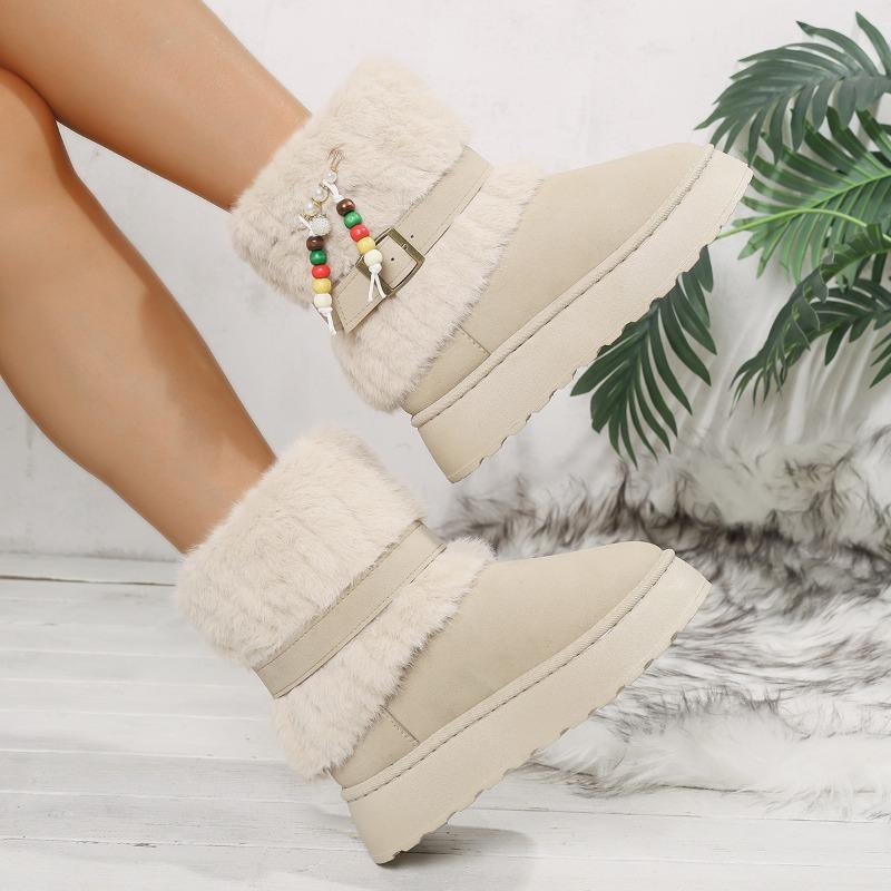 Winter Large Size Beaded Wool Thickened Cotton Shoes Women's Cross-border Round Head Plush Thick-soled Warm Snow Boots
