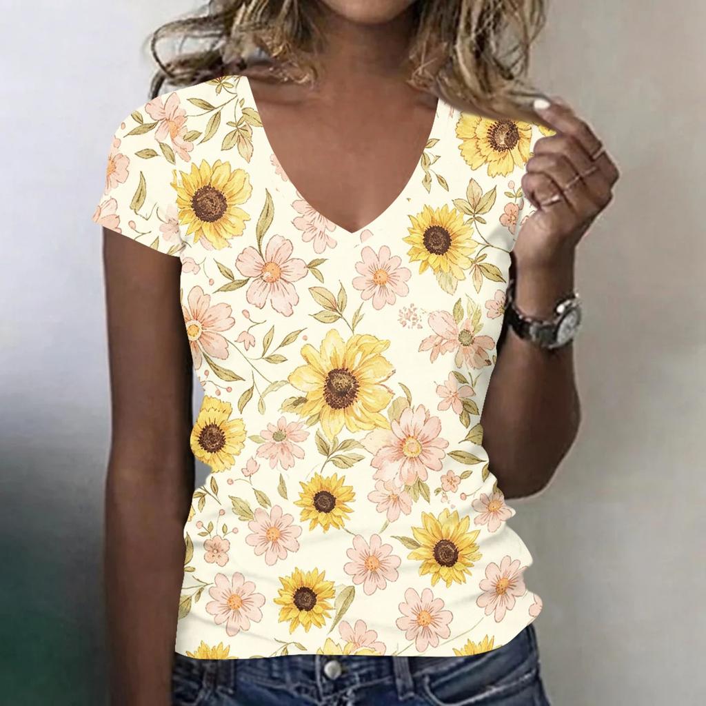 Women Casual V Neck Short Sleeve Floral Print T Shirt Lightweight Soft Fabric Summer Top for Everyday Wear