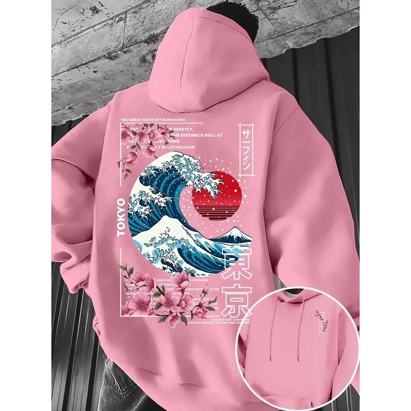Ukiyo-E Great Wave Kanagawa Hoodie Men Aesthetic Sakura Tokyo Letter Graphic Sweatshirt Oriental Vintage Daily Hooded Pullover