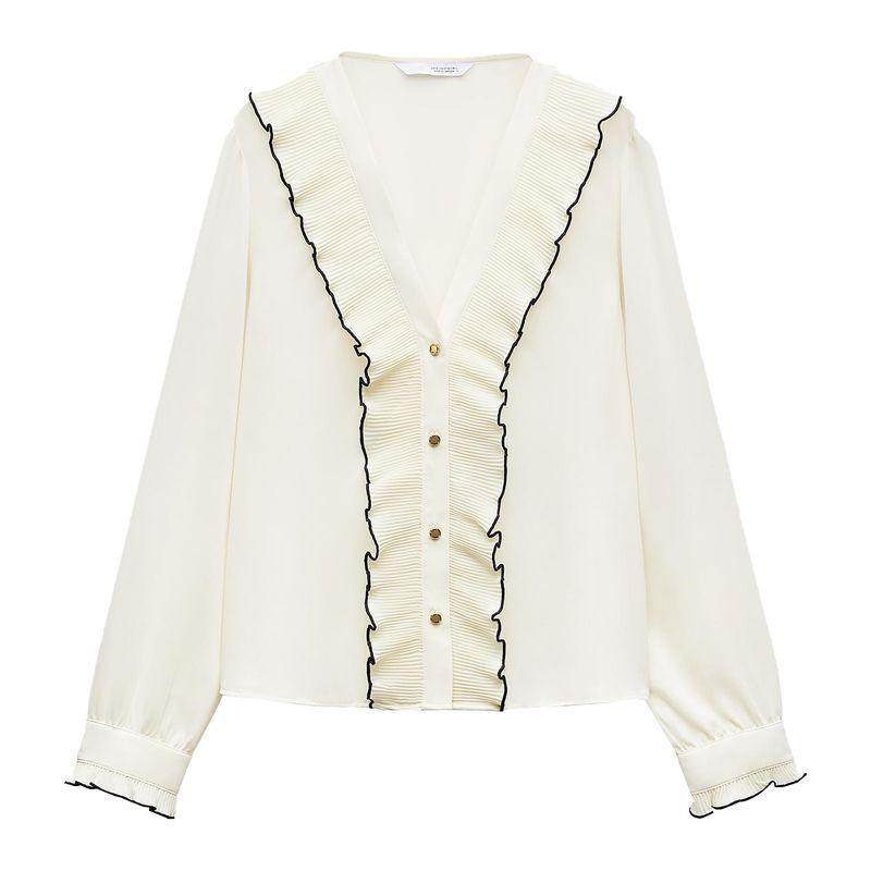 

Zaprha 2025 Japanese Style Drape Small Pleated Laminated Decoration Contrast Color Long Sleeves V-neck Shirt Female 8741249 White L
