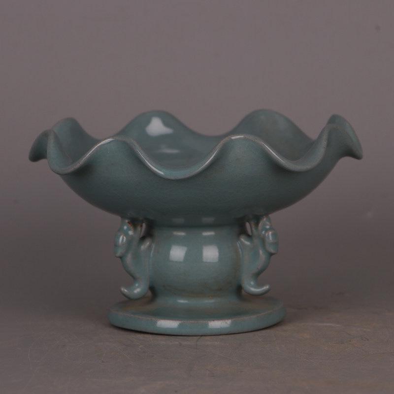 Sky Blue Glaze Three-Handle Fruit Bowl - Song Dynasty Ru Kiln Imitation Ornament, Antique-Style Collectible Porcelain.