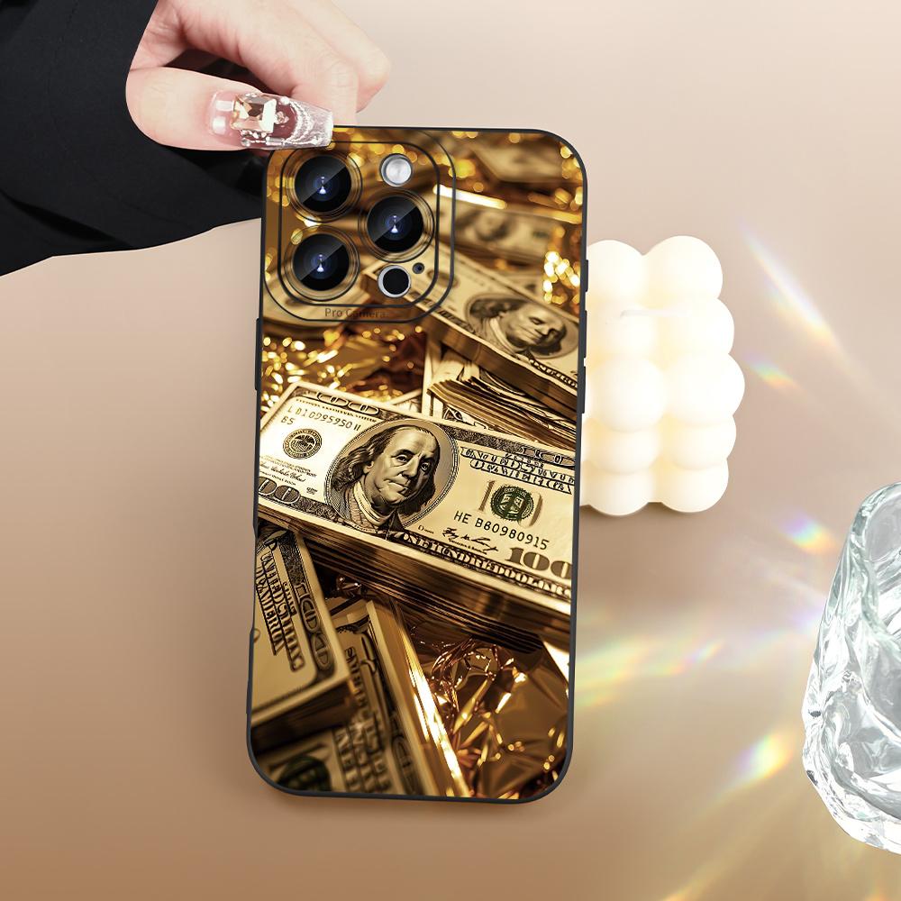 Gold US Dollar Banknote Print Design Phone Case For iPhone 16 15 14 13 12 11 Pro Max X XS XR 15 Plus 16e Silicone Soft Cover