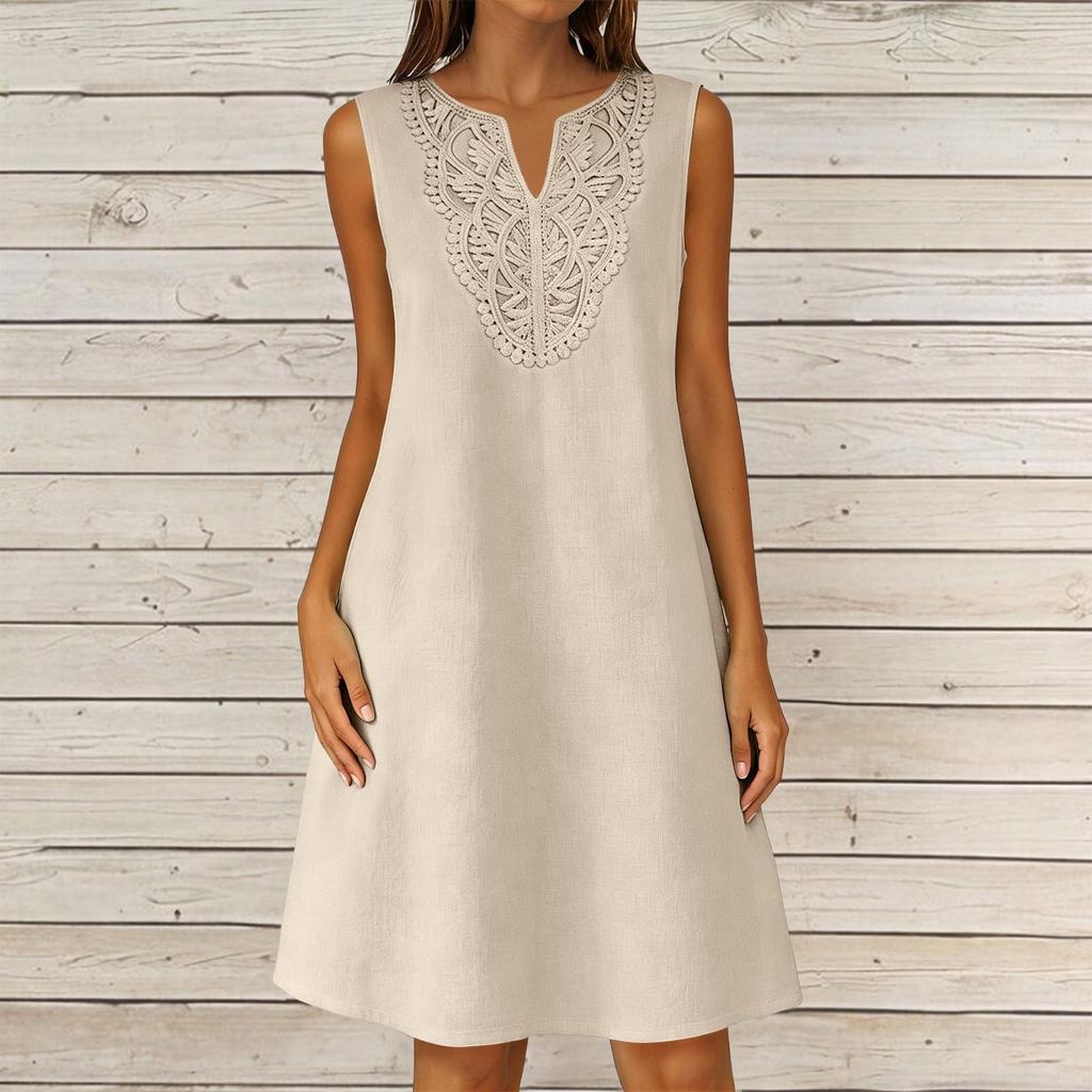 Ärmelloses Midikleid für Damen mit V-Ausschnitt, lässiges Strand-Überkleid, Sommerkleid aus Leinenmischung mit Stickerei