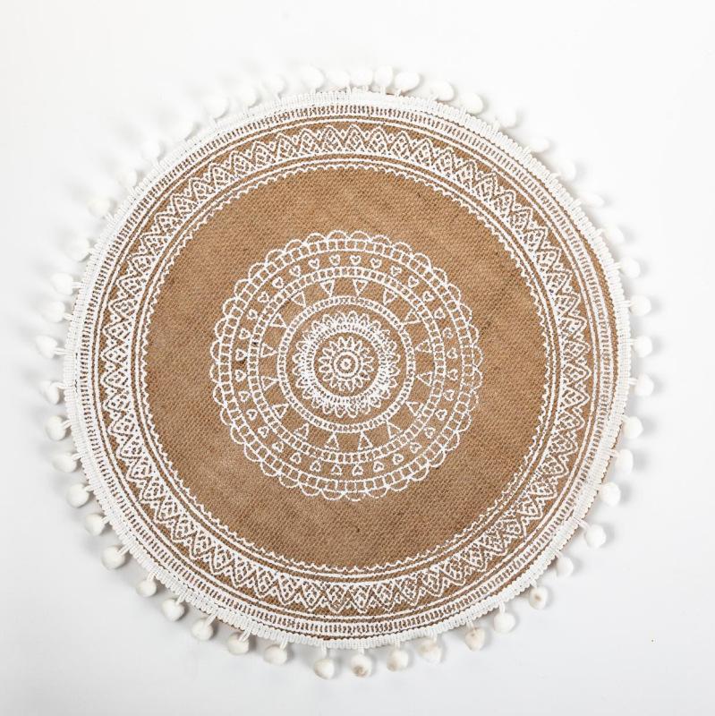 Round Jute Wool Ball Tassel Woven Placemat Decorative Table Mat Retro Insulation Mat