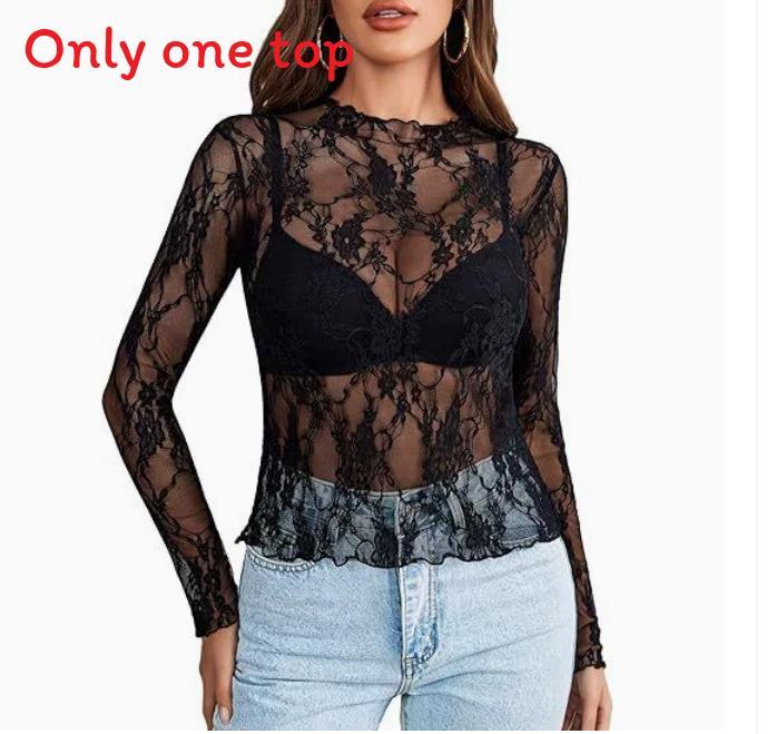Sexy Lace Long Sleeve Shirt For Women With Sheer Mesh Fabric For Casual And Office Wear