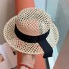 Side Streamer~ Spring and Summer Hollow Straw Woven Flat Top Top Hat Breathable Vacation Style Retro Beach Straw Hat