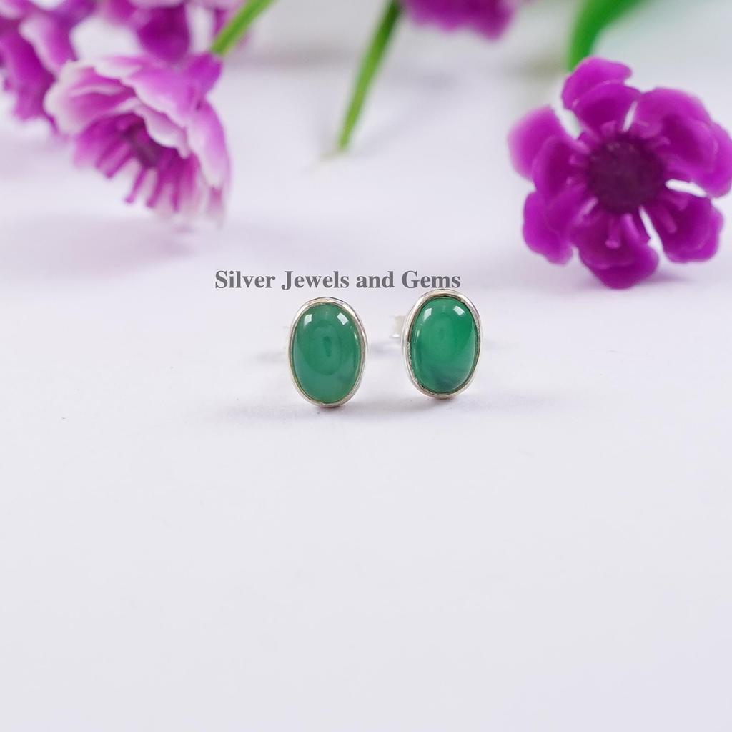 Natural Green Onyx Stud Earrings, 925 Sterling Silver Studs, Oval Onyx Studs, Gift for Mom, December Birthstone, Handmade Tiny Studs