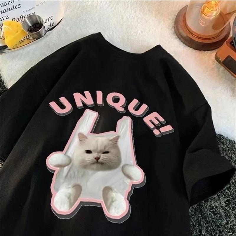 Funny Kitten Puppy Cartoon Women T-shirt Top Harajuku Streetwear Y2k Fashion Kawaii Clothes Cute Graphic Printed Unisex T Shirt
