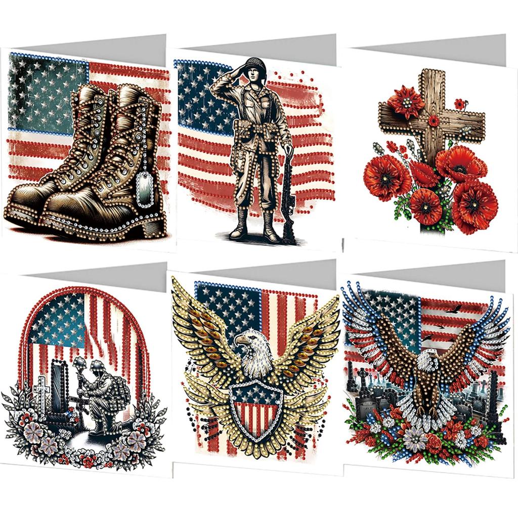 6pcs DIY Independence Day USA Flag Rhinestone Diamond Art Mosaic Postcards Diamond Art Greeting Cards for Independence Day