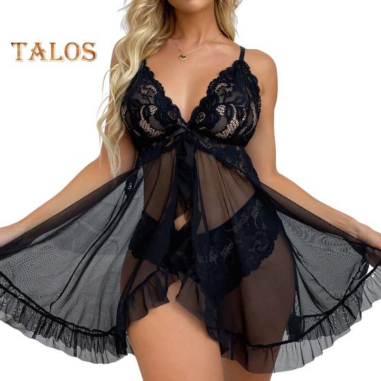 2 Pcs/Set Nightdress Panties Set Hollow Out Lace V Neck Spaghetti Strap See-through Mesh Ruffle Bow High Waist Underpants Set