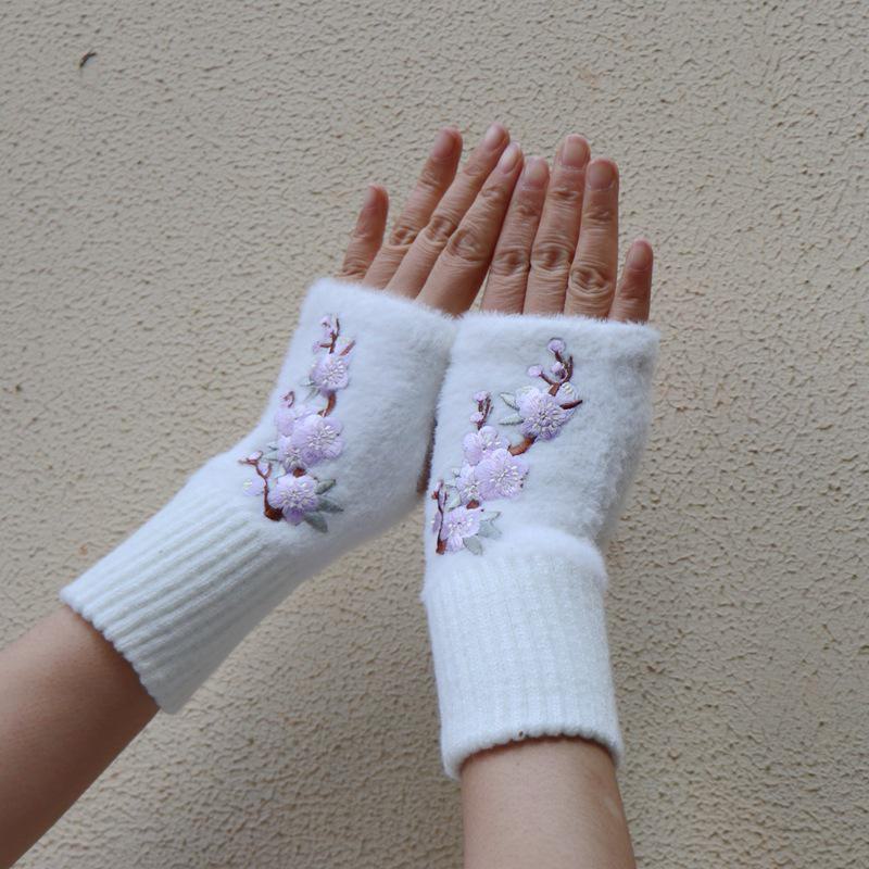 Embroidered Ethnic Style Half-Finger Warm Gloves for Autumn & Winter