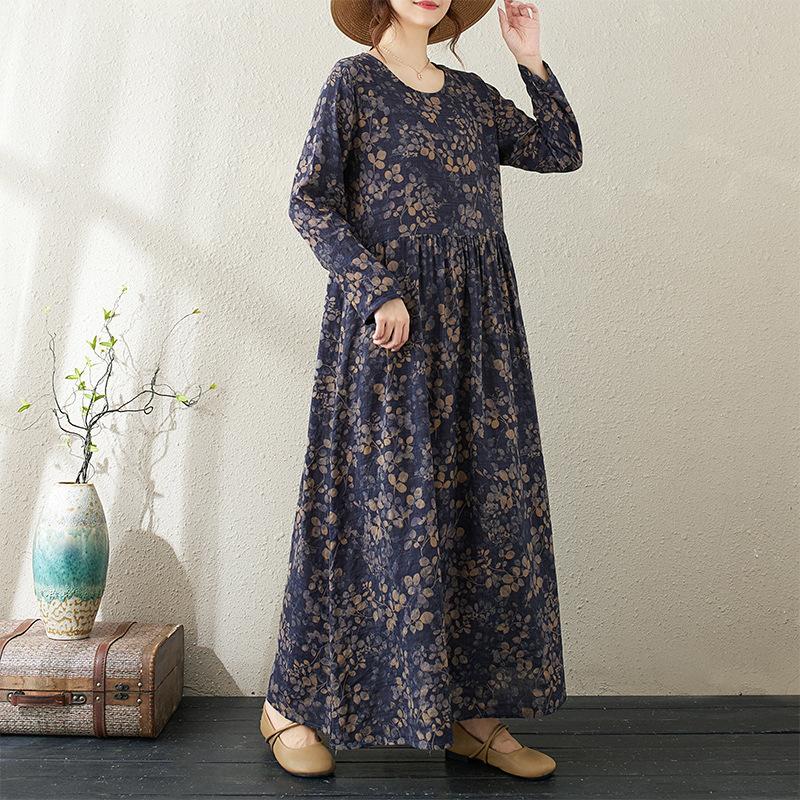 Autumn Literary Plus Size Loose Print Round Neck Long Sleeved Dress for Women Dresses