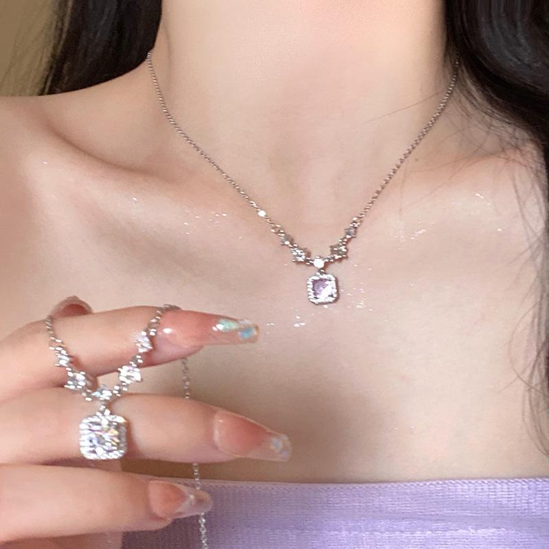 S925 Silver Zircon Clavicle Necklace with Sugar Cube Pendant - Luxury Jewelry for Girls
