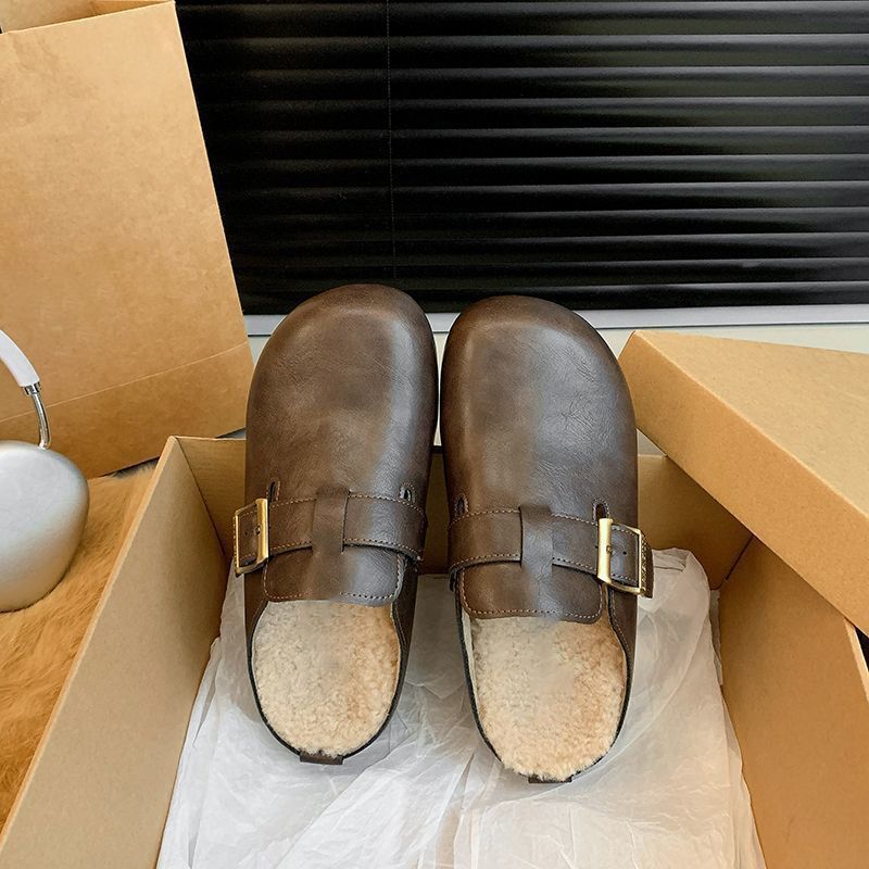 Retro Flat-bottomed Velvet Bag Head Half Slippers Women's 2025 Autumn and Winter New Soft-soled One-pedal Birkencotton Slippers Women