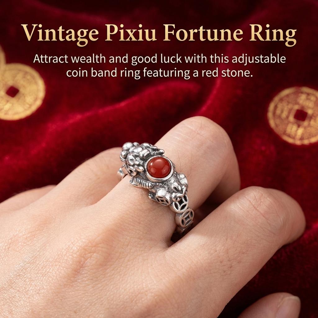 Vintage Thai Silver Ring With Red Agate Inlay Adjustable Open Cuff Traditional Coin Pattern For Women