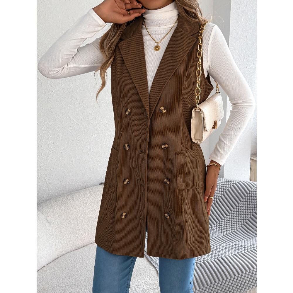 Solid-color Double-breasted Pocket Long Vest Jacket for Women In Autumn and Winter