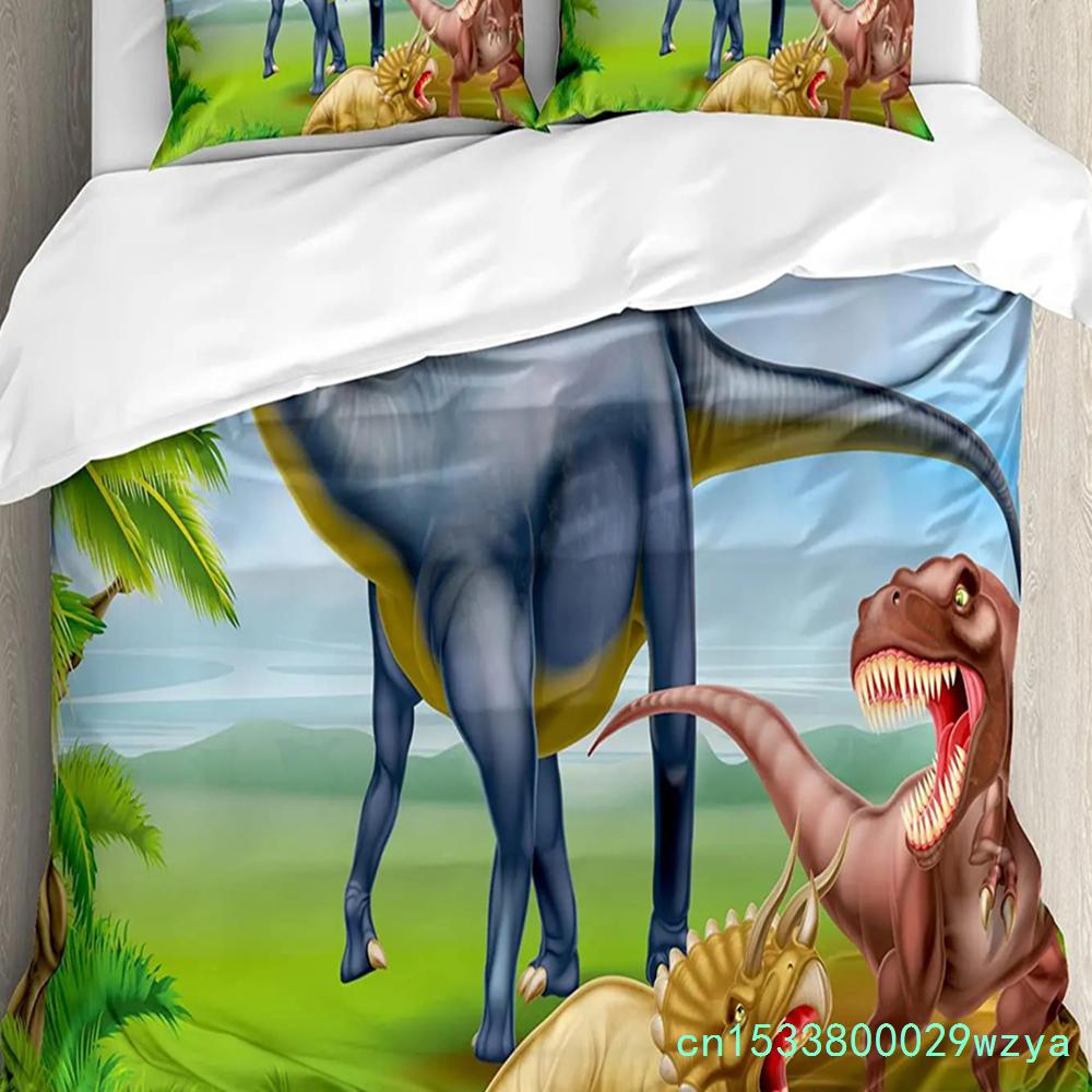 Barevný kreslený dinosaurus Modrý 3dílná sada povlečení do ložnice na manželskou postel Domácí textil Povlak na přikrývku Povlak na přikrývku Povlak na polštář