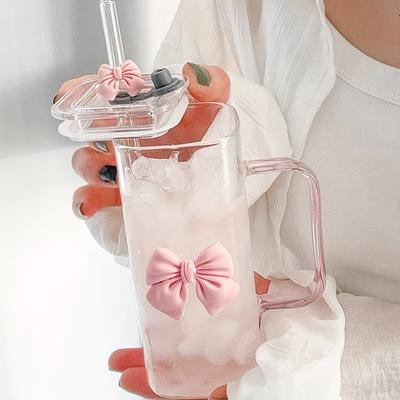 400ml Glass Cup with Straw & Handle, Pink Bow Design. Heat-resistant and Reusable, Great for Daily Use and Holiday Gifts.