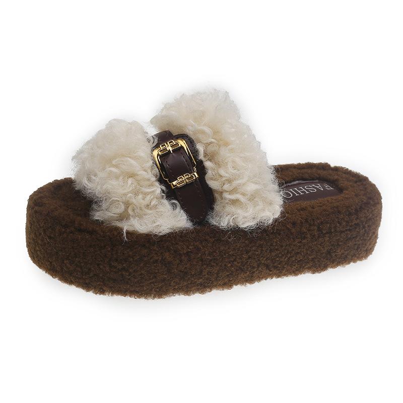 Women's trendy fluffy slippers women's autumn and winter outer wear 2025 new high-end skirt thick-soled lamb plush cotton slippers