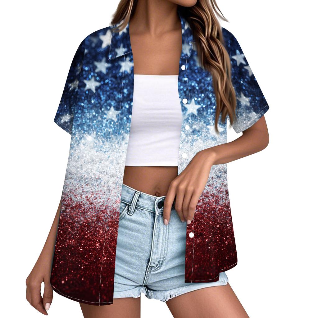 Short Sleeve Button Down Shirt for Women with Floral and Stars Print Loose Fit Lapel Collar Lightweight Top Blouse