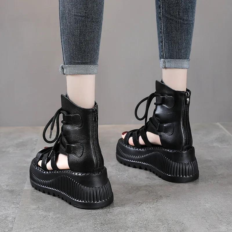 Fashion 8CM Ethnic Cow Genuine Leather Ankle Booties Women Hollow Peep Toe Platform Wedge Breathable Zip Summer Fashion Ladies Shoes