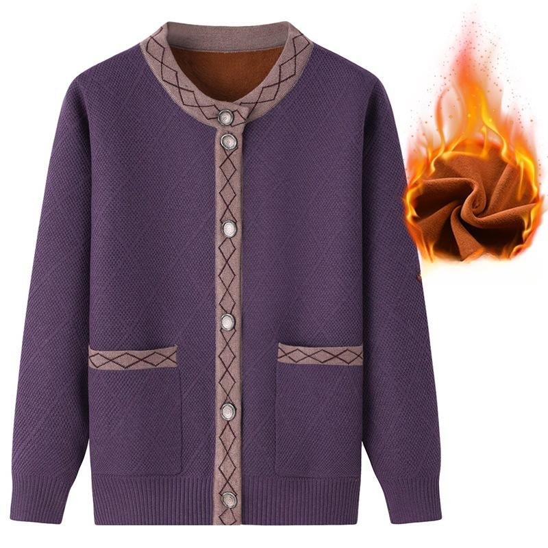 Herbst- und Winterpulloverjacke für Mittelalte und Ältere, plus Samtverdickung, Mutter, große Größe, gestrickte Herbst- und Winterstrickjacke