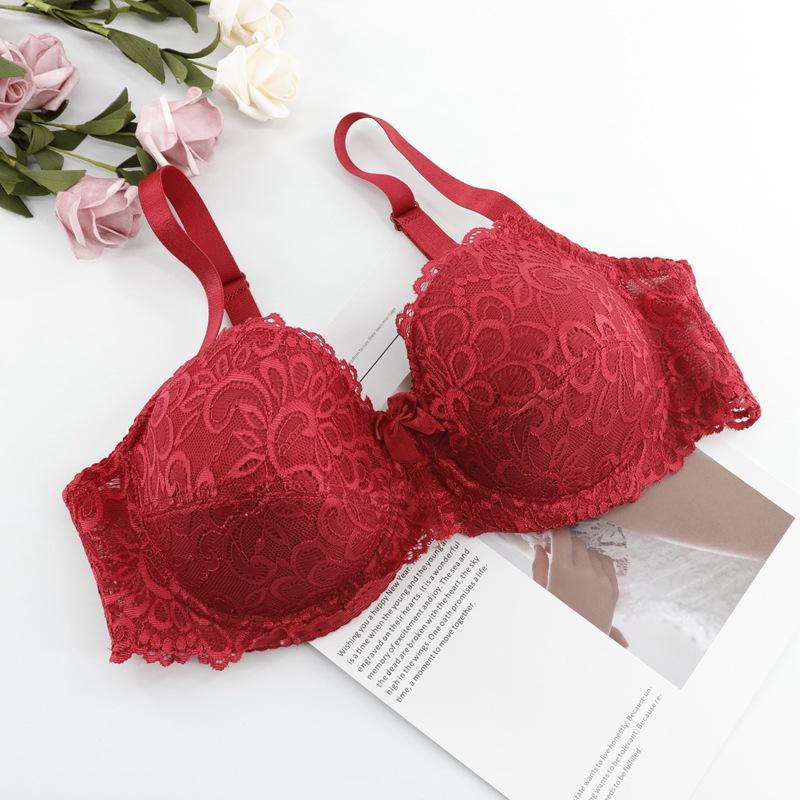 Large size full cup upper support gathered bra European and American style lace edge rear double breasted bra comfortable bow underwear