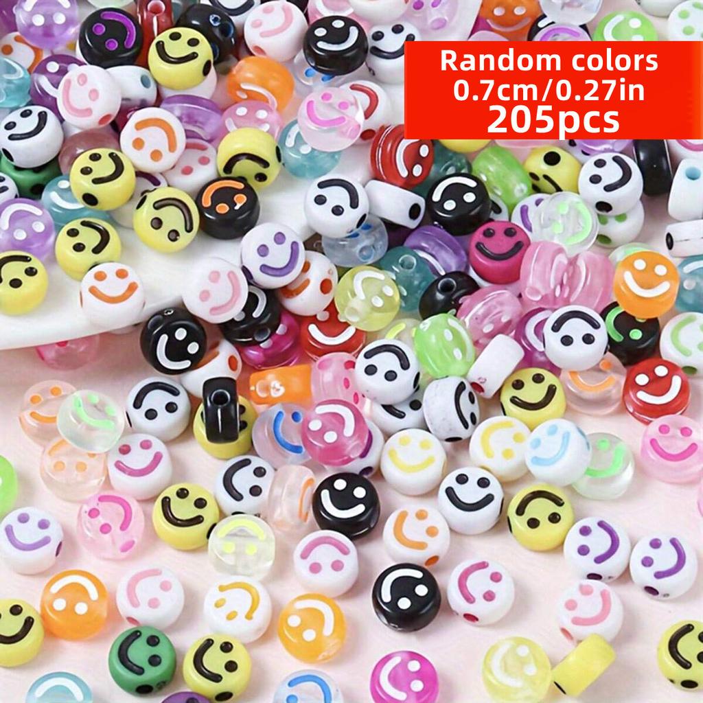 205pcs 7mm DIY smiling face bead loose beads acrylic random patterns and colors for accessories, for making bracelets, necklaces