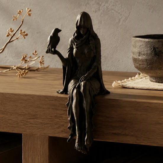 Macabre Desktop Ornament Gothic Raven Shelf Sitter Statue, Hooded Lady Reaper Figurine, 3D Printed Dark Small Resin Statue Bookshelf Edge Sitter,