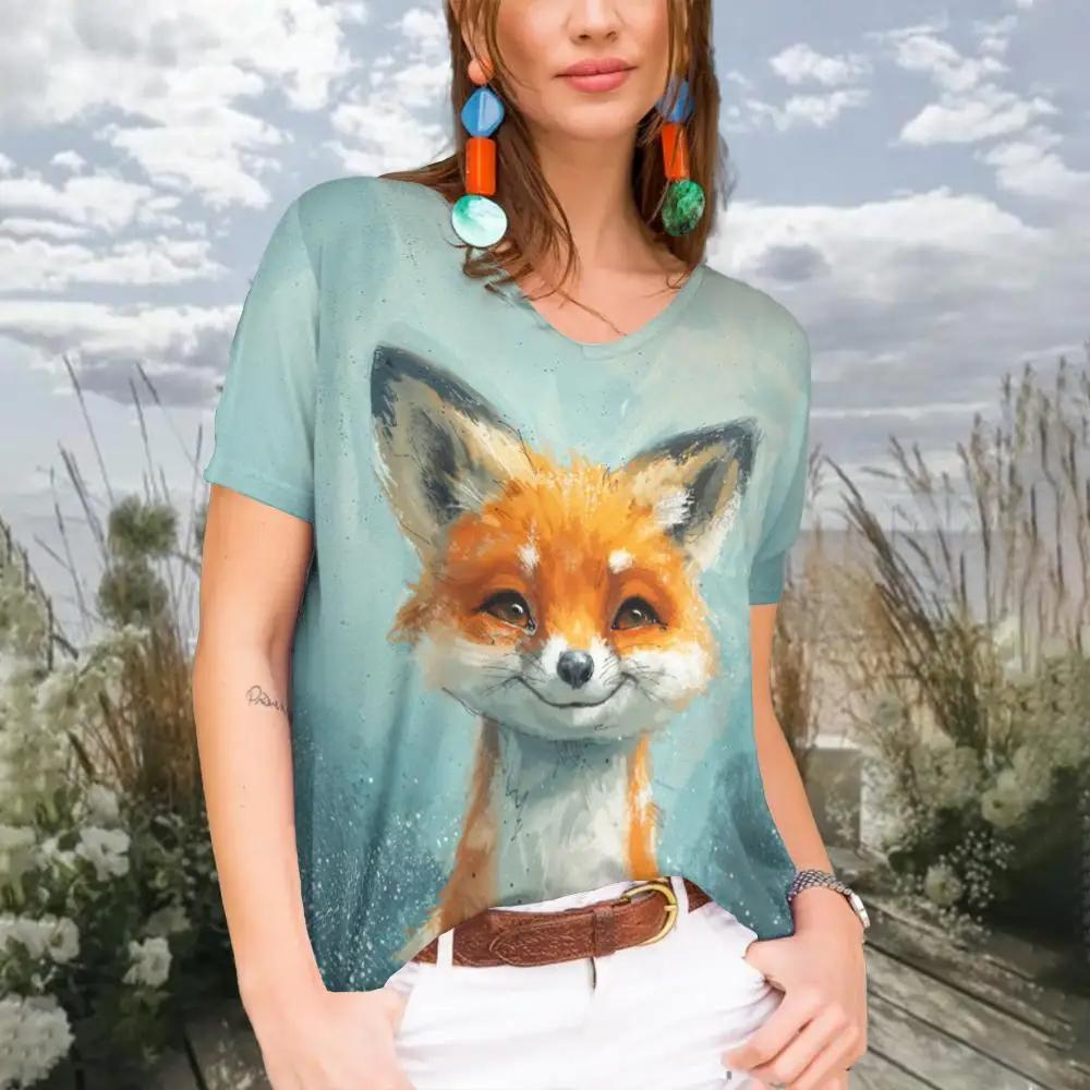 Summer Women Fashion V-Neck T-shirt Casual Cartoon Cat Tops Tees Female Colorful Short Sleeve Clothing Ladies Vintage Streetwear