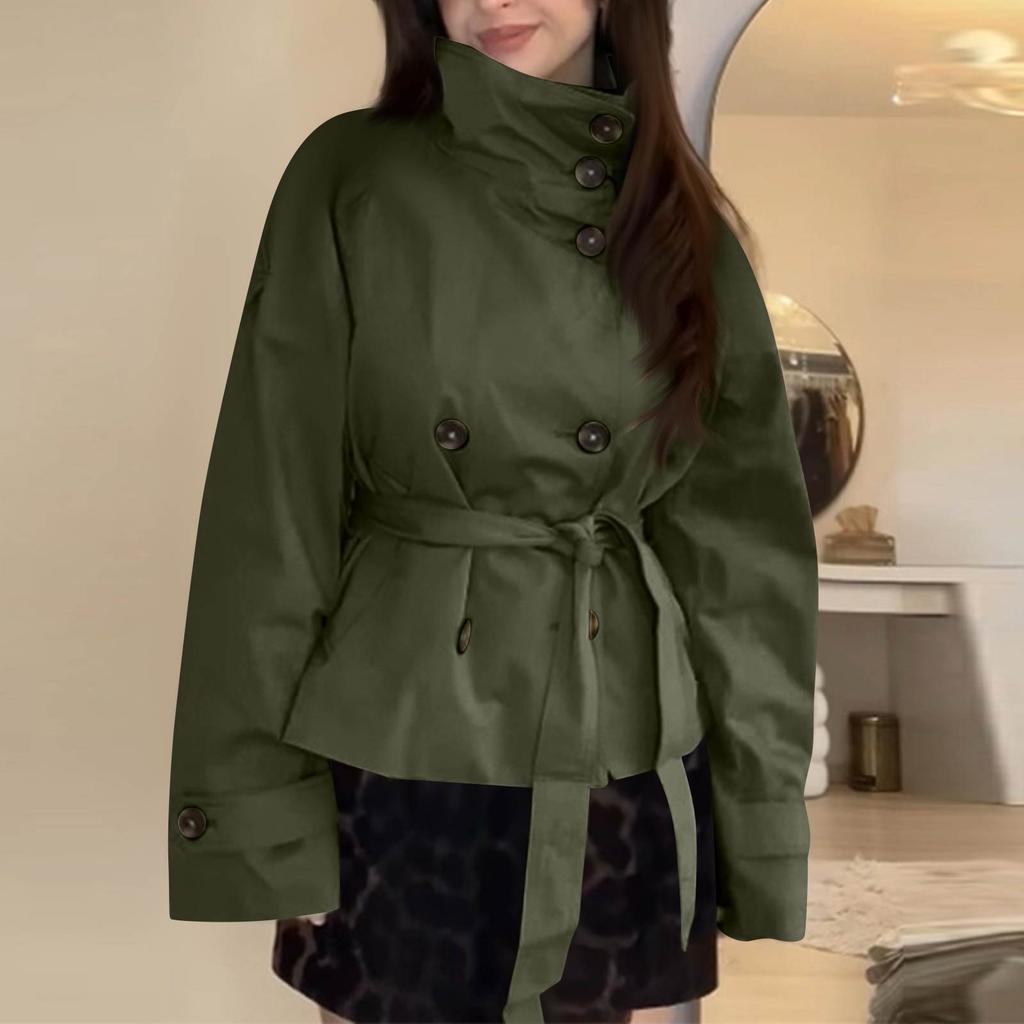 Women's Fashion Stand Collar Double-Breasted Waist-Defining Belted Short Trench Coat